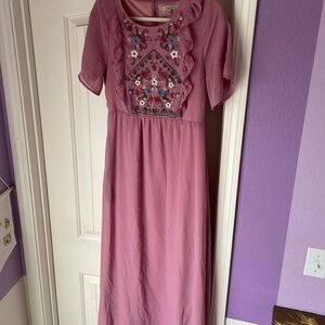 A pink floral maxi dress